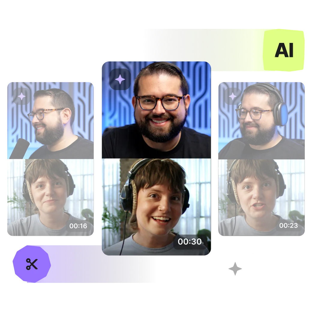 Collage of two people wearing headphones and speaking on microphone, with video duration times and decorative AI and scissor icons.
